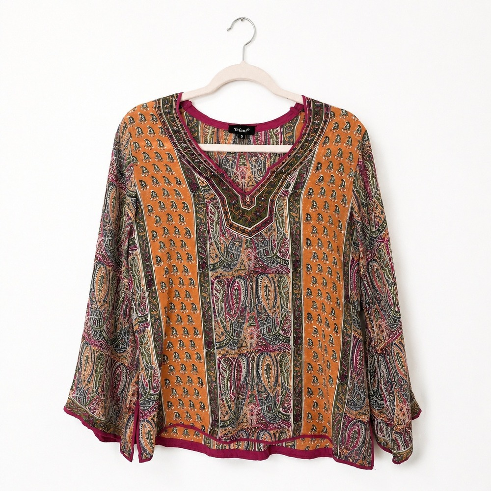Tolani Silk Tunic Top Women S Orange Multi Paisley Boho‎ V-Neck Long Sleeve
